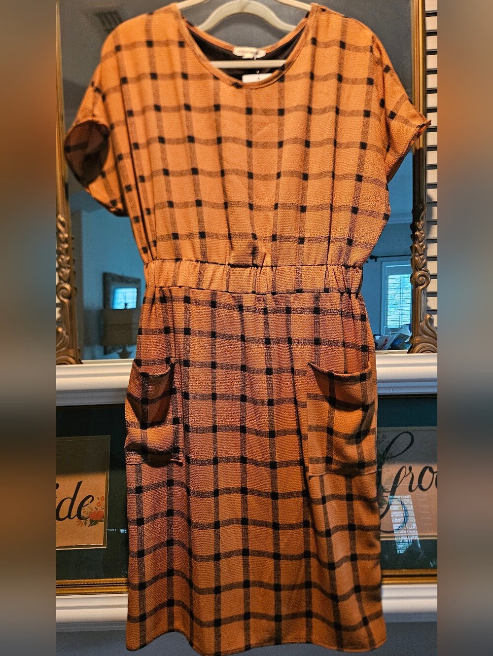 Stevie Hender Plaid Dress | Size L | Camel & Black | Lined with Pockets